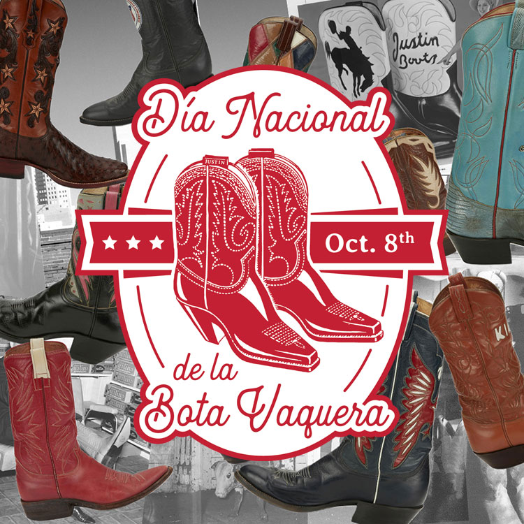 Día Nacional de la Bota Vaquera. Este es un collage de imágenes históricas de Justin Boot Company en blanco y negro, con múltiples botas de vaquero históricas mostradas de manera destacada en múltiples colores para resaltar las botas de vaquero. 